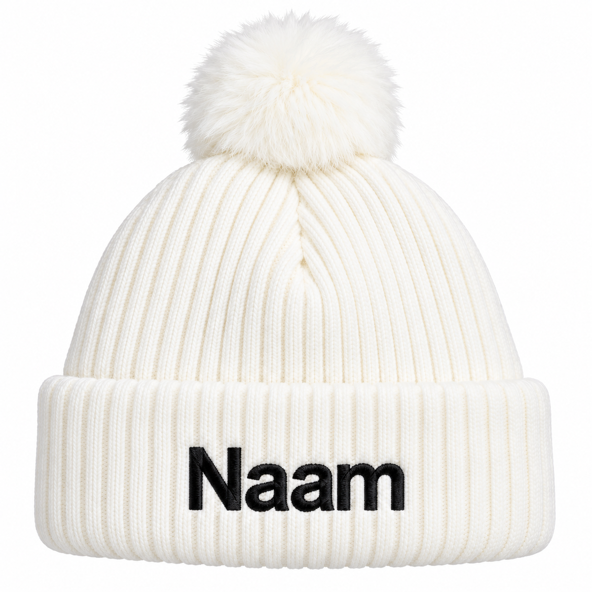 Witte muts met pompon – Personaliseer met naam of logo
