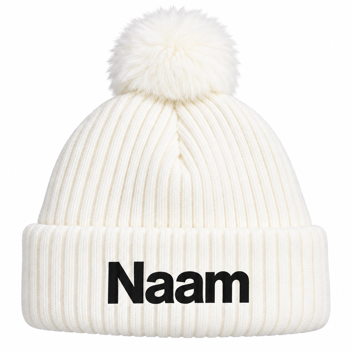 Witte muts met pompon – Personaliseer met naam of logo