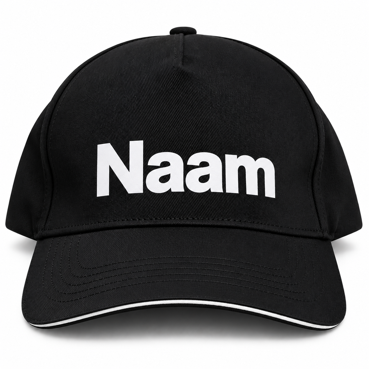 Zwarte cap met witte bies – Bedrukken of borduren